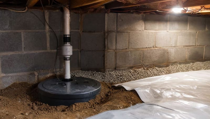 A sealed sump basin with a check valve beside a washed-gravel perimeter drain in a Wilmington crawl space