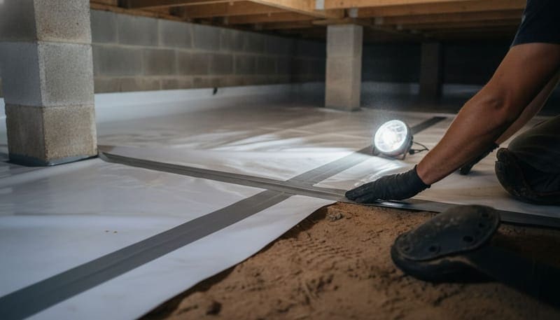 A reinforced vapor barrier being taped at the seam over sandy soil in a Wilmington-area crawl space