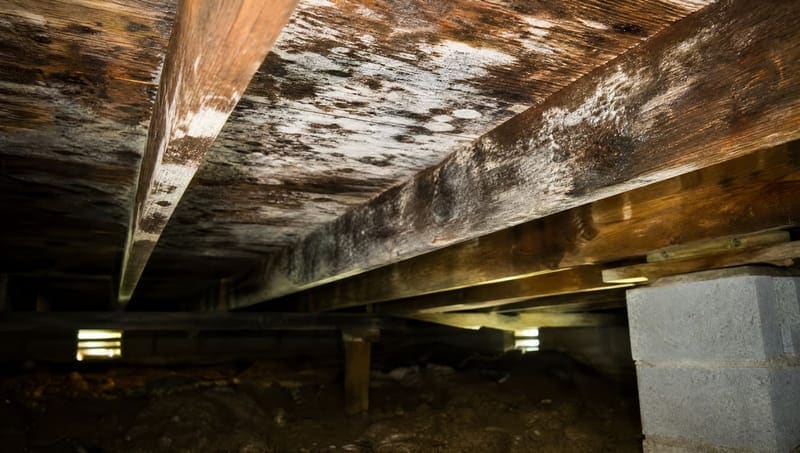 Fungal growth spreading across floor joists and subfloor in a damp Wilmington crawl space