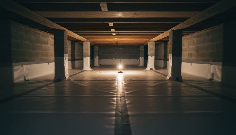 A finished encapsulated crawl space under a Wilmington home — reinforced liner sealed across the floor and up the block perimeter walls